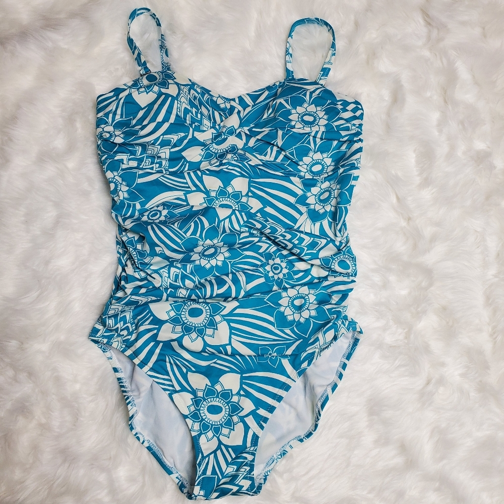 ☆ Eddie Bauer Floral Print One Piece Swim Suit Size 10 Blue and White